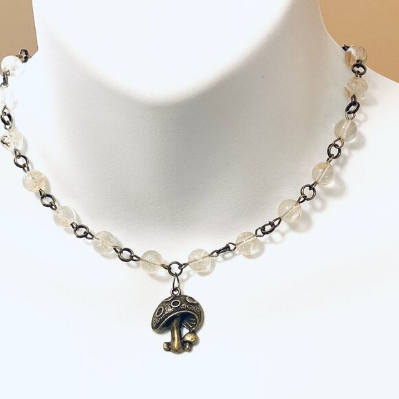 Natural Golden Rutilated Quartz Choker, Bronze Round Mushroom + Genuine Gemstone - Picture 2 of 16